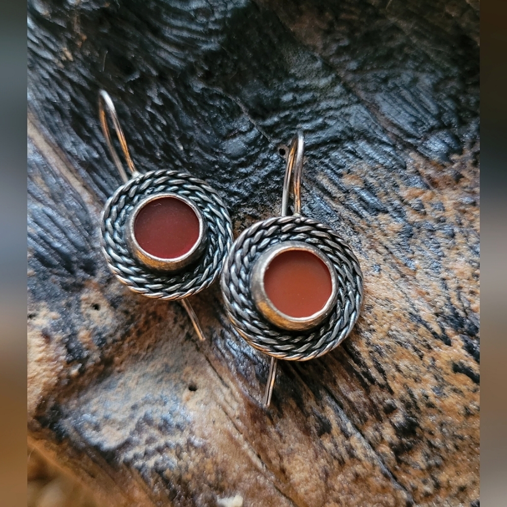 Vtg Sterling Stamped Braided Earrings, Carnelian Colored Center.